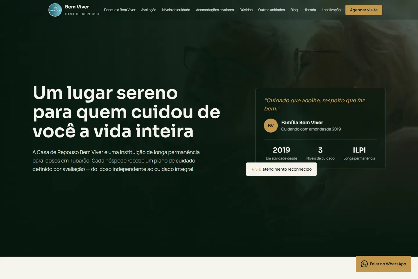 Página inicial do site Casa de Repouso Bem Viver