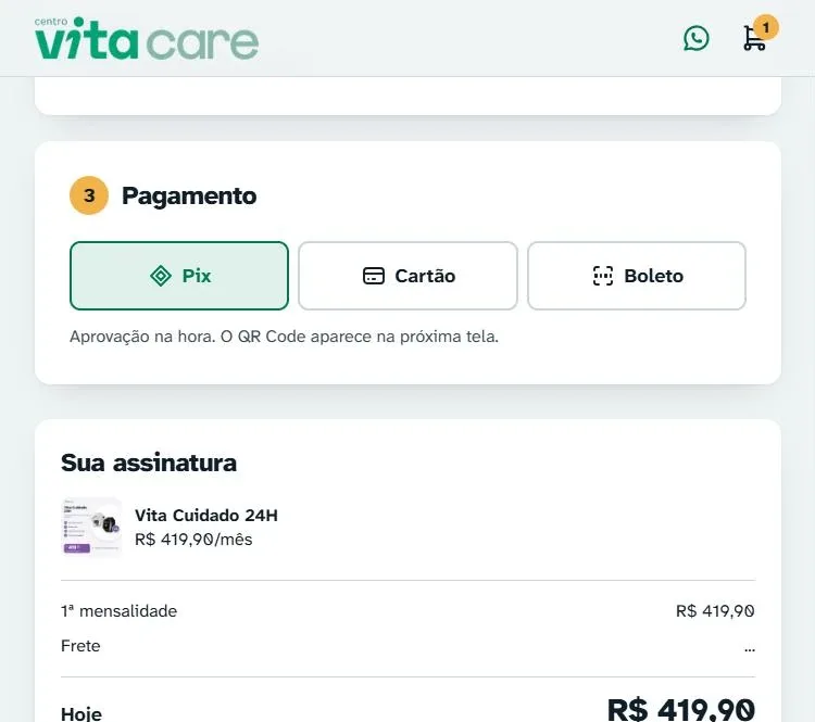 Etapa de pagamento do checkout com Pix, cartão e boleto e o resumo da assinatura