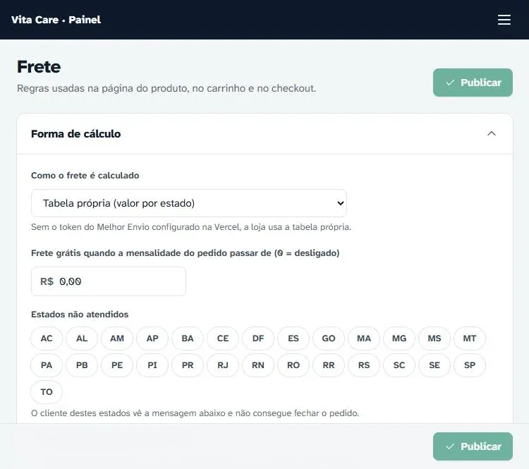 Tela de frete com forma de cálculo por tabela própria, frete grátis acima de um valor e estados não atendidos