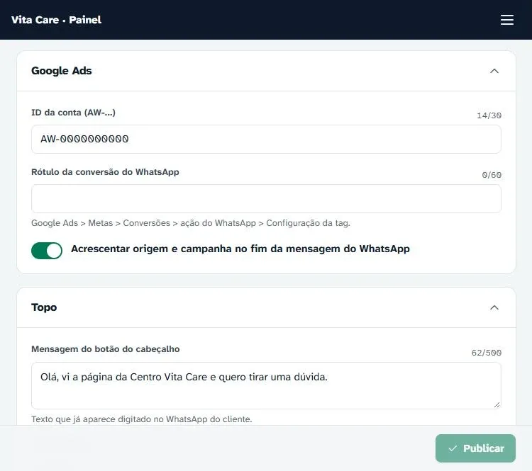 Configuração do Google Ads com ID da conta, rótulo de conversão e a opção de acrescentar origem e campanha à mensagem