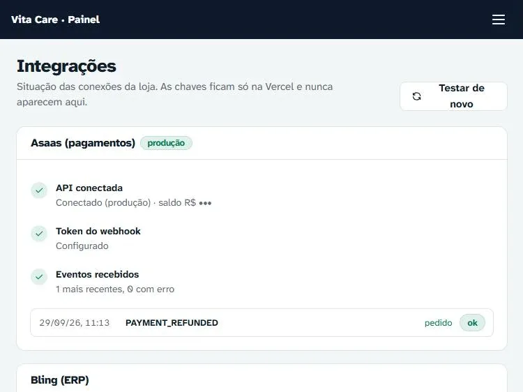 Tela de integrações com Asaas conectado em produção, token do webhook configurado e eventos recebidos sem erro