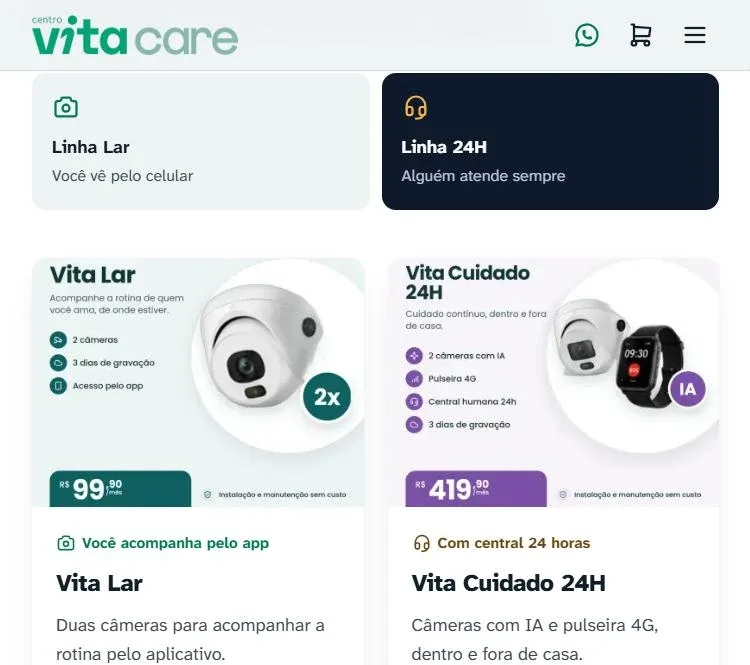 Vitrine com duas linhas de produto lado a lado e cards de planos com preço mensal
