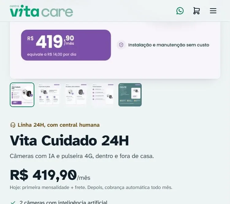 Página de produto de uma loja SharkCommerce com preço mensal, galeria de fotos e o aviso do que o cliente paga hoje