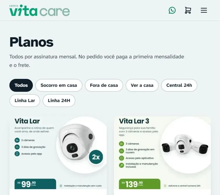 Vitrine com filtros por necessidade e por linha de produto e cards com preço mensal