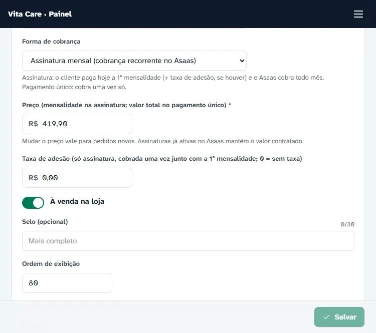 Cadastro de produto com forma de cobrança por assinatura mensal, preço, taxa de adesão e chave À venda na loja