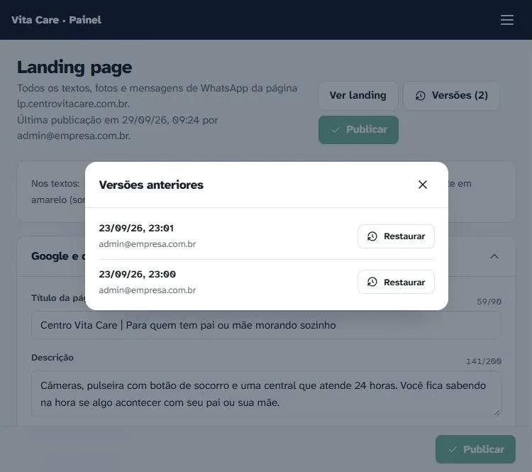 Janela Versões anteriores da landing page com data, autor e botão Restaurar