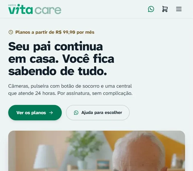 Página inicial de uma loja SharkCommerce com selo de planos a partir de um valor mensal e botões Ver os planos e Ajuda para escolher