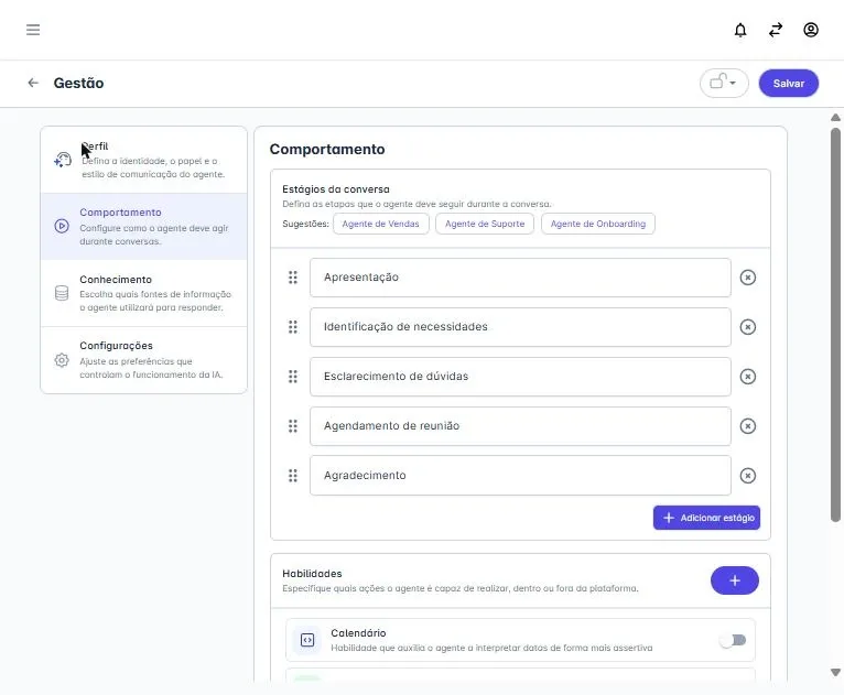 Configuração de um agente de IA com os estágios da conversa: apresentação, necessidades, dúvidas, agendamento e agradecimento