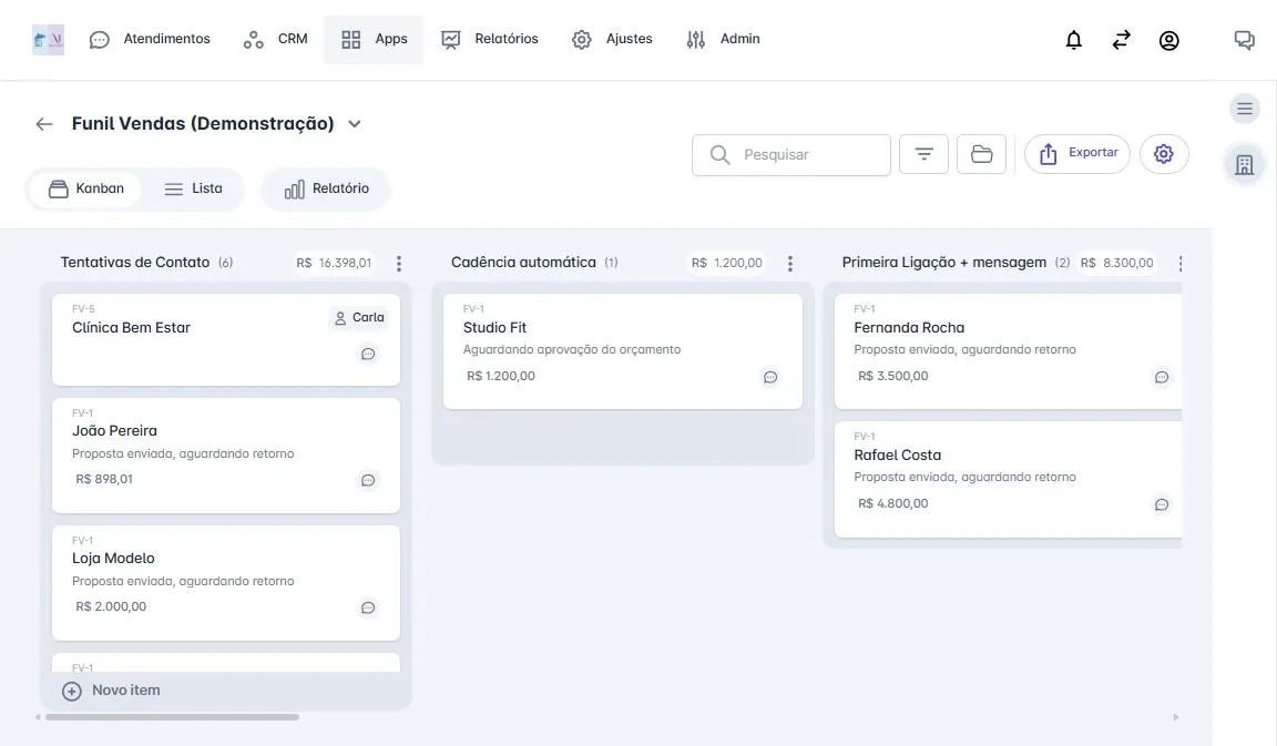 Funil de vendas em Kanban com etapas, número de negócios e valor total de cada etapa
