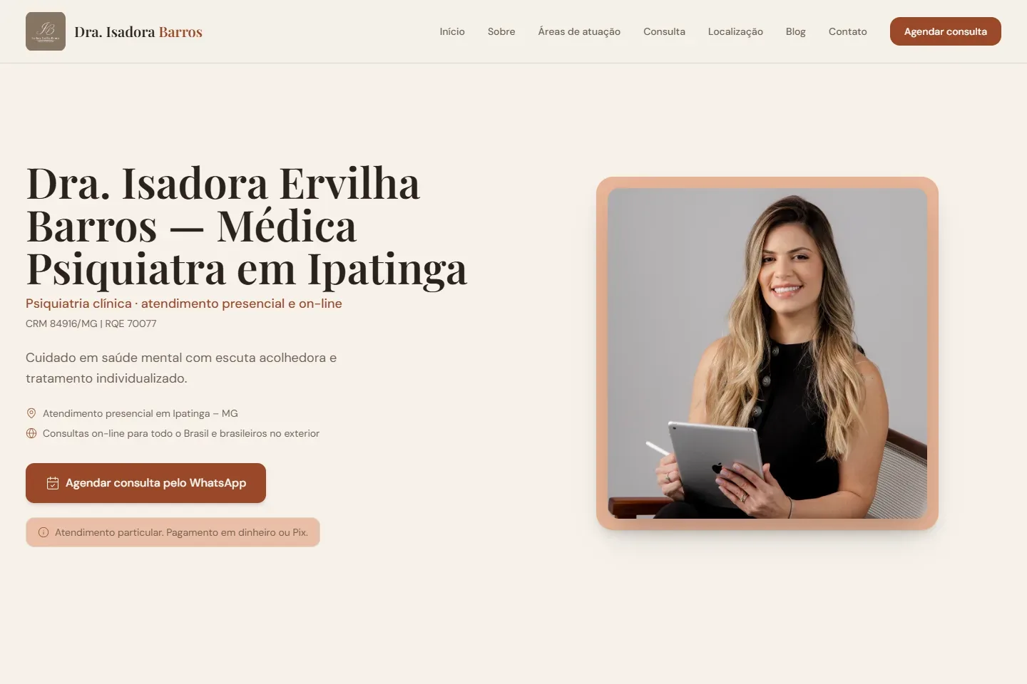 Página inicial do site Dra. Isadora Ervilha Barros