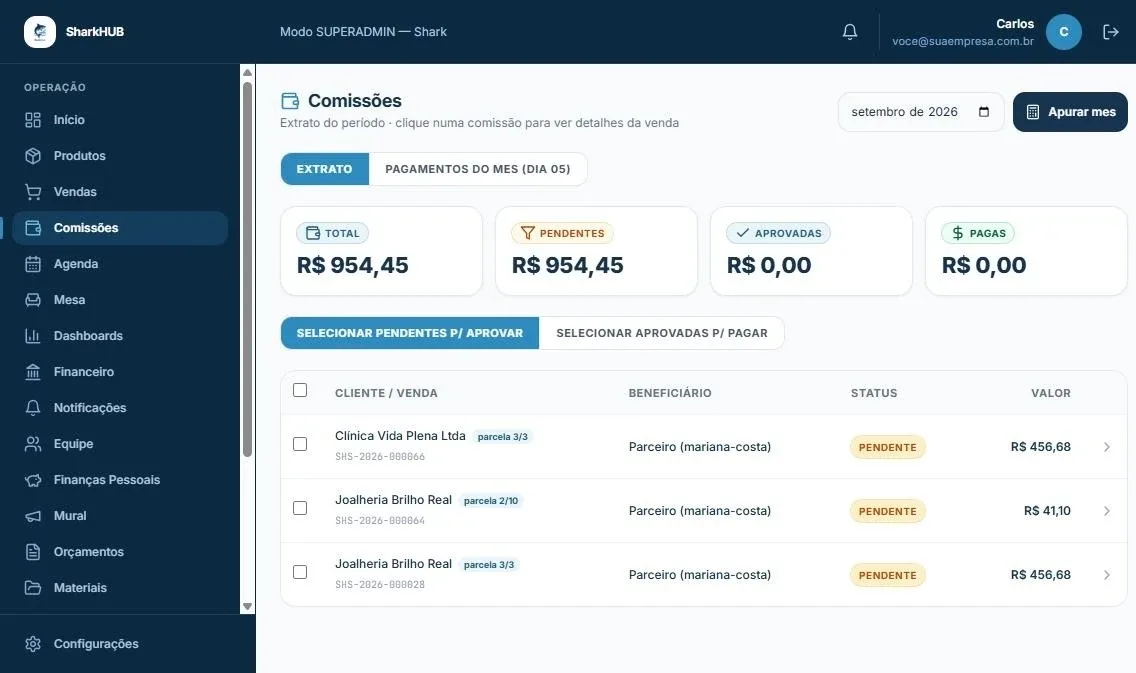 Extrato de comissões com totais pendentes, aprovados e pagos e a lista por cliente e parceiro