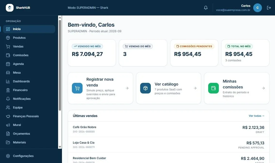 Tela inicial do SharkHub com vendido no mês, número de vendas, comissões pendentes, atalhos e últimas vendas