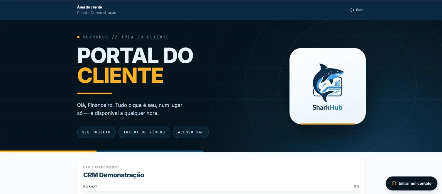 Portal do cliente do SharkHub com o projeto do cliente, trilha de vídeos e acesso 24 horas