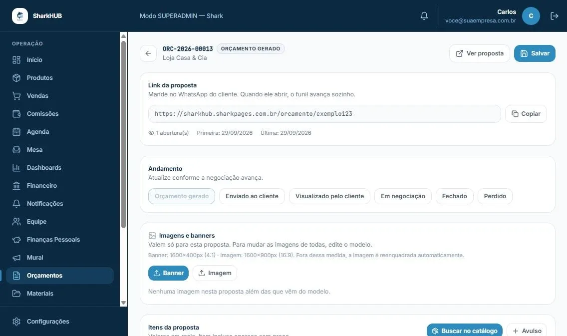 Proposta do SharkHub com link próprio, contador de aberturas e etapas da negociação