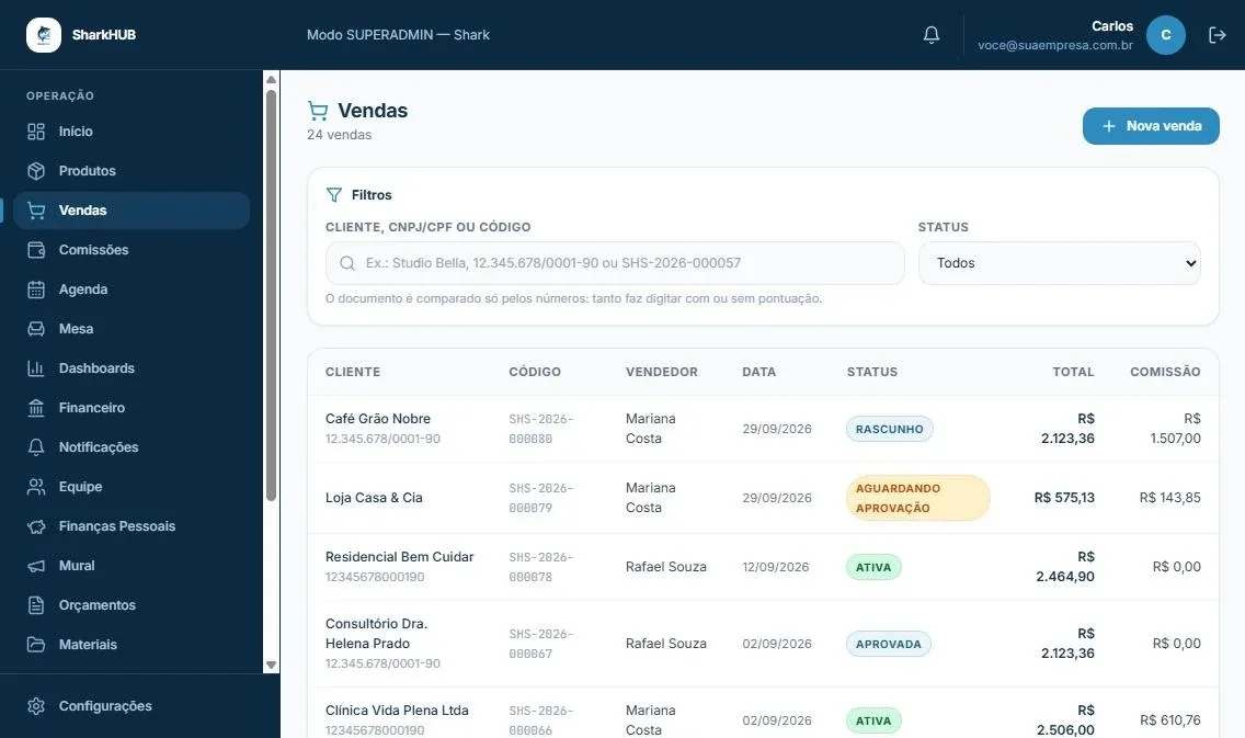 Lista de vendas com cliente, código, vendedor, status, total e comissão
