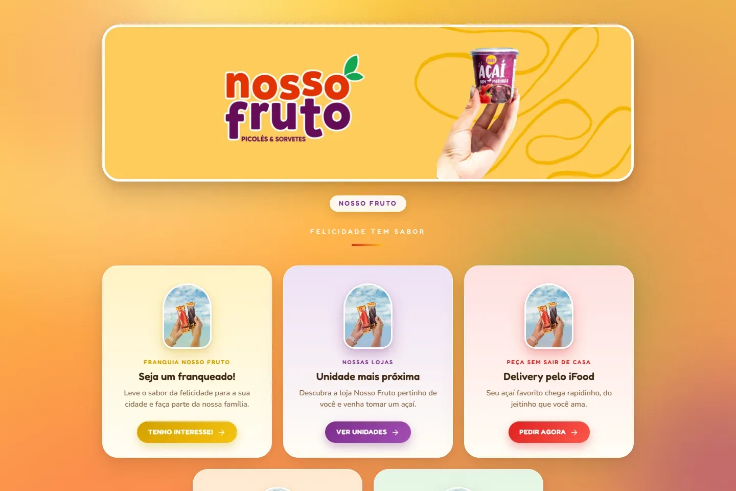 Página inicial do site Nosso Fruto Sorvetes