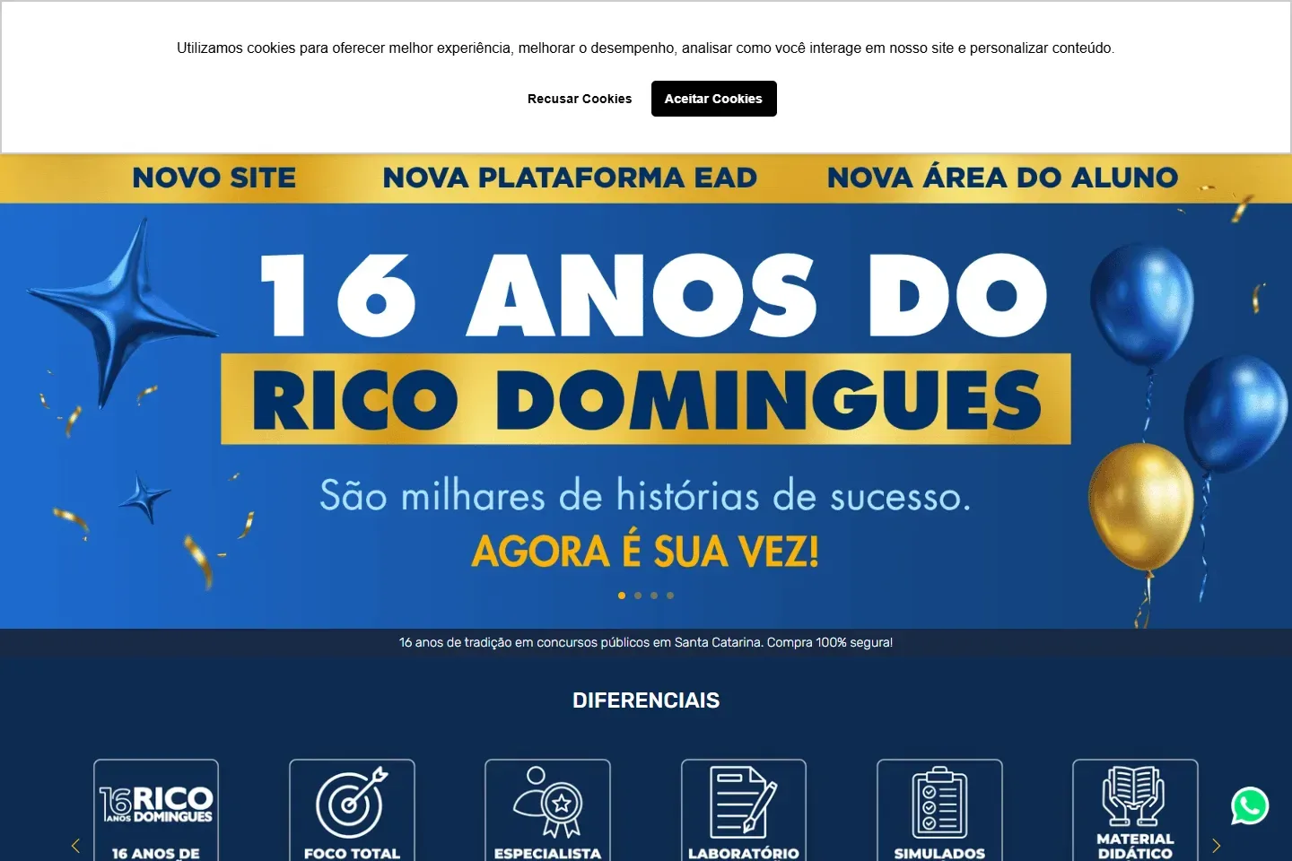 Página inicial do site Rico Domingues Concursos