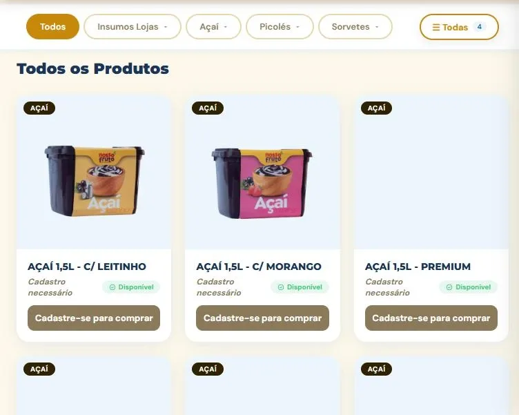 Produtos da Nosso Fruto com o aviso Cadastro necessário e o botão Cadastre-se para comprar