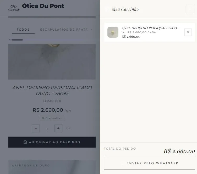 Carrinho lateral da Ótica Du Pont com um anel, o total do pedido e o botão Enviar pelo WhatsApp