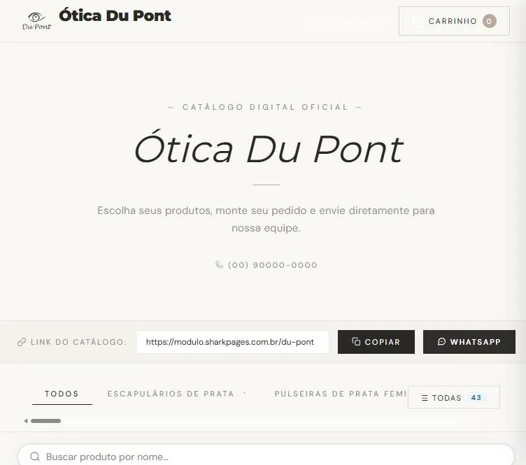 Catálogo da Ótica Du Pont no layout Elegante, com o link do catálogo e as categorias
