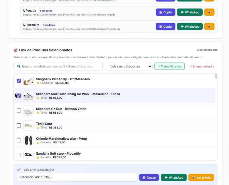 Tela de links do painel com produtos selecionados e o botão para gerar um link exclusivo