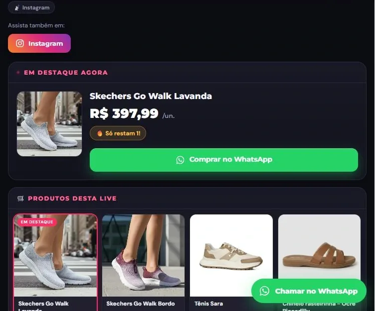 Página de uma live com o produto em destaque, preço, aviso Só restam 1 e botão Comprar no WhatsApp