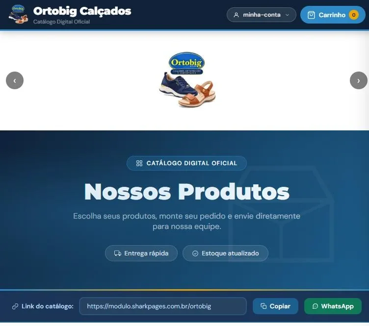 Catálogo digital da Ortobig Calçados feito com o SharkShop, com banner, título Nossos Produtos e o link do catálogo com botões Copiar e WhatsApp