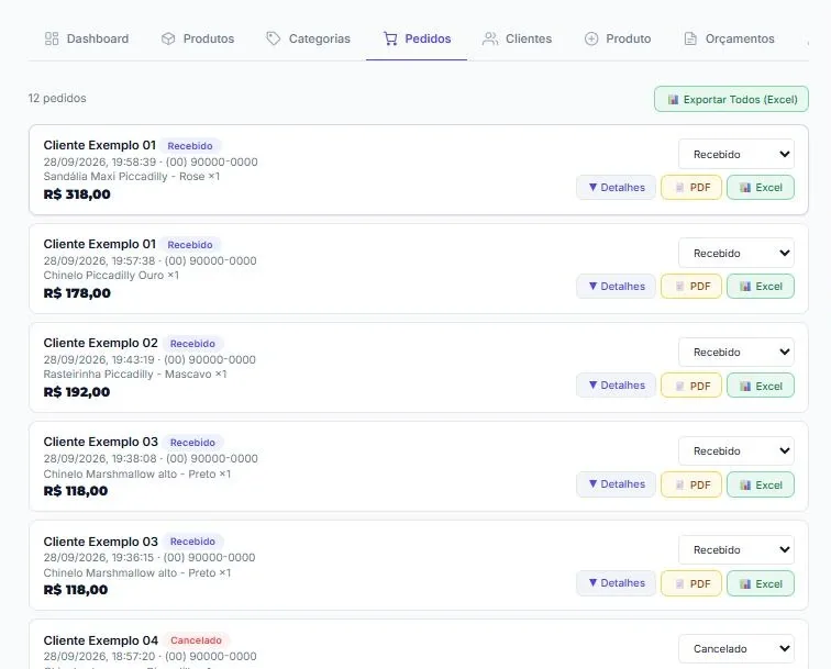 Lista de pedidos no painel com cliente, data, itens, total, status e botões PDF e Excel, com dados fictícios