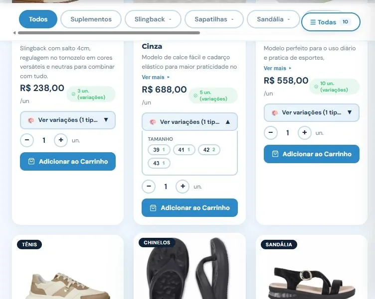 Cards de produtos da Ortobig com preço, estoque por variação e a lista de tamanhos aberta com a quantidade de cada número