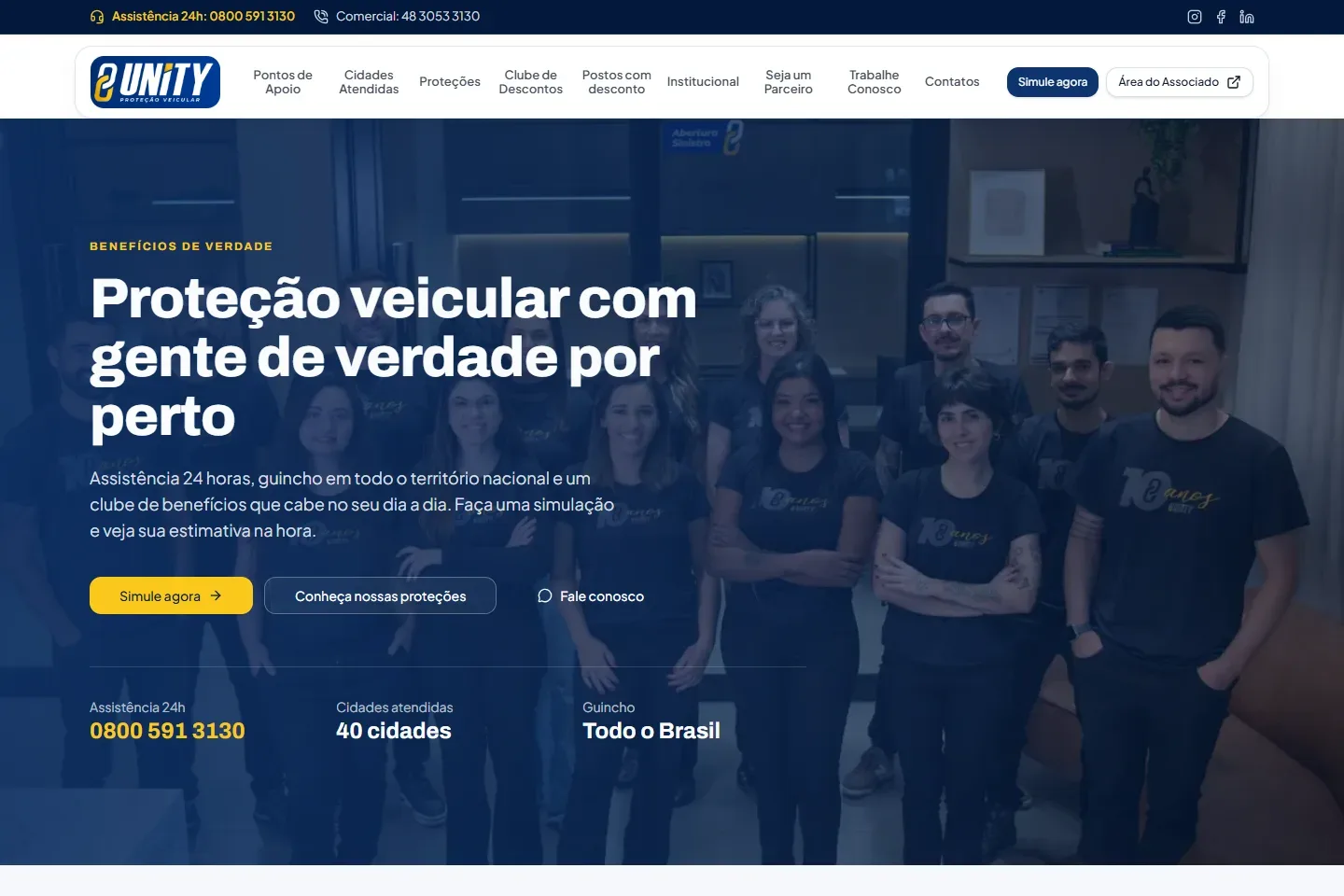 Página inicial do site Unity Proteção Veicular